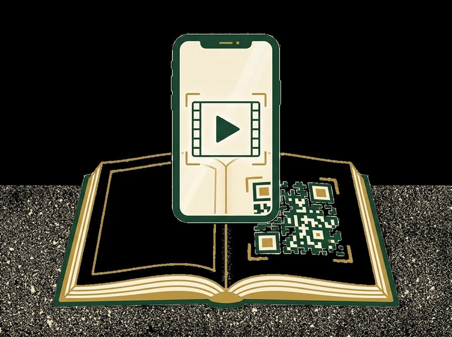 An open book with a printed code on the page, and a phone above it playing the moment.
