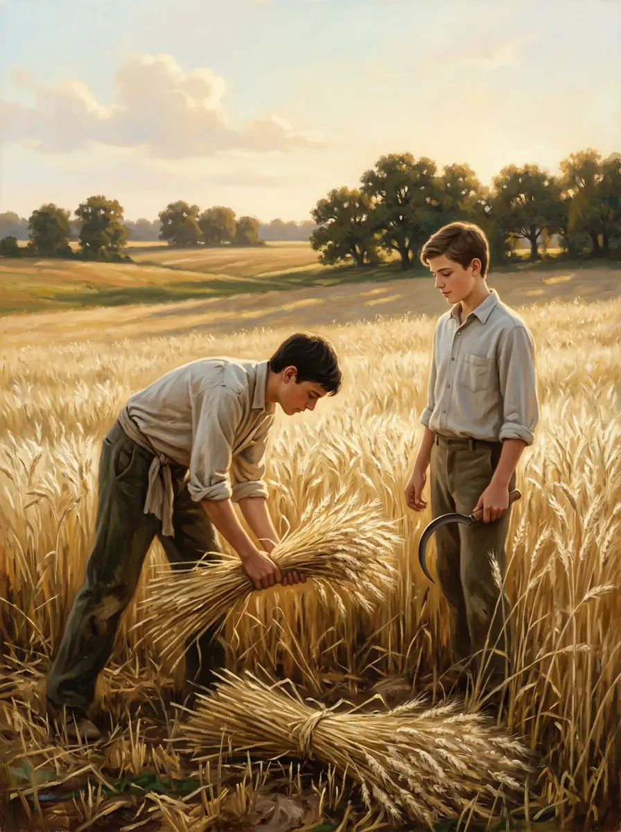 Two young men harvesting a field of ripe wheat